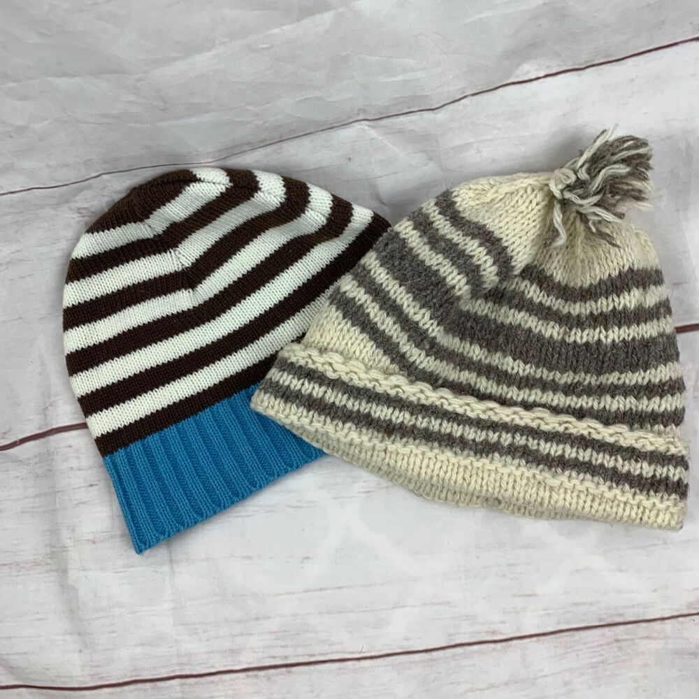 winter beanie hat kids boys children 4t 5t small wool knit striped brown blue